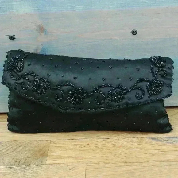 Set of 2 Vintage Black Bead and Sequin Formal Clutches Snap Closure Silky - Picture 2 of 9